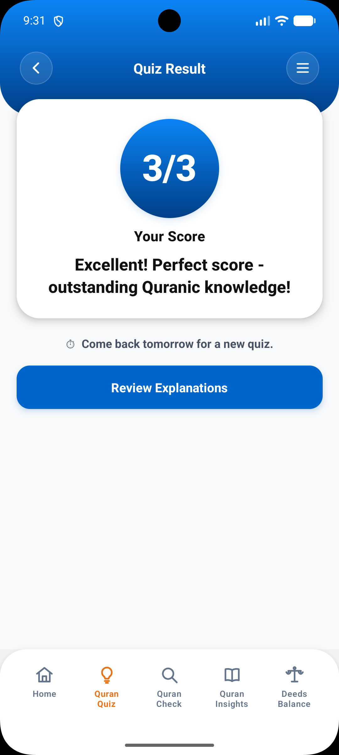 Daily Quiz screen